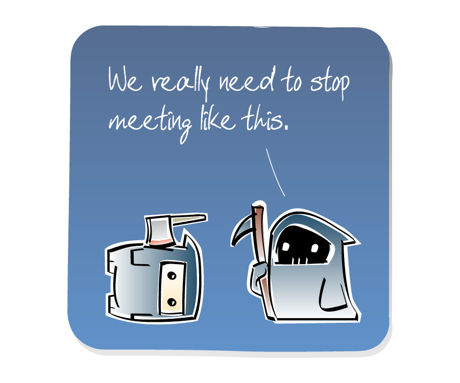 Panel 3: Death, holding a scythe, stands beside Ninja, who continues to lie face down on the ground with an axe stuck in his side. Death says: "We really need to stop meeting like this."