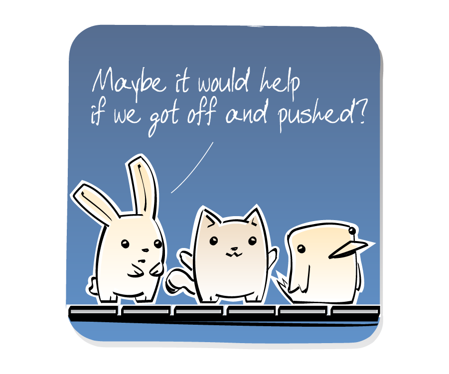 Panel 2: Bunny, Cat, and Bird remain standing on the moving walkway track, motionless. Bunny says: "Maybe it would help if we got off and pushed?"