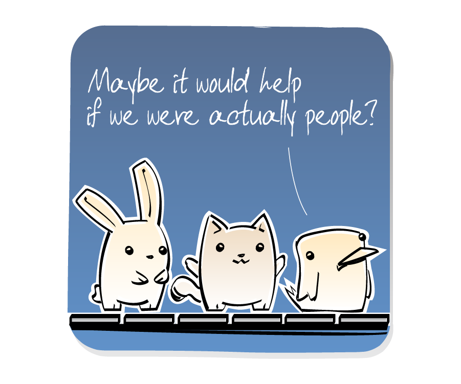 Panel 3: Bunny, Cat, and Bird remain standing on the moving walkway track, motionless. Bird says: "Maybe it would help if we were actually people?"
