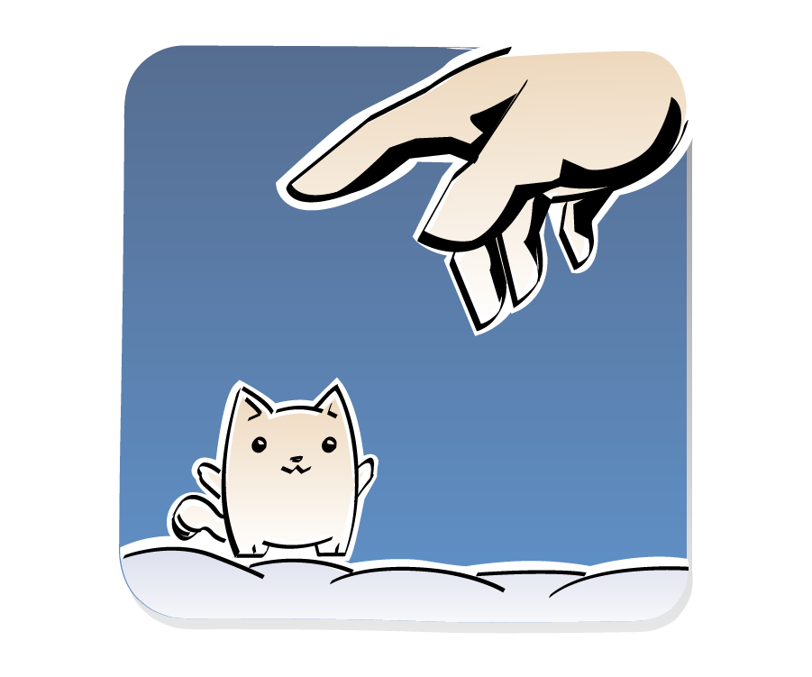 Panel 2: Cat and the giant hand remain still above the clouds.
