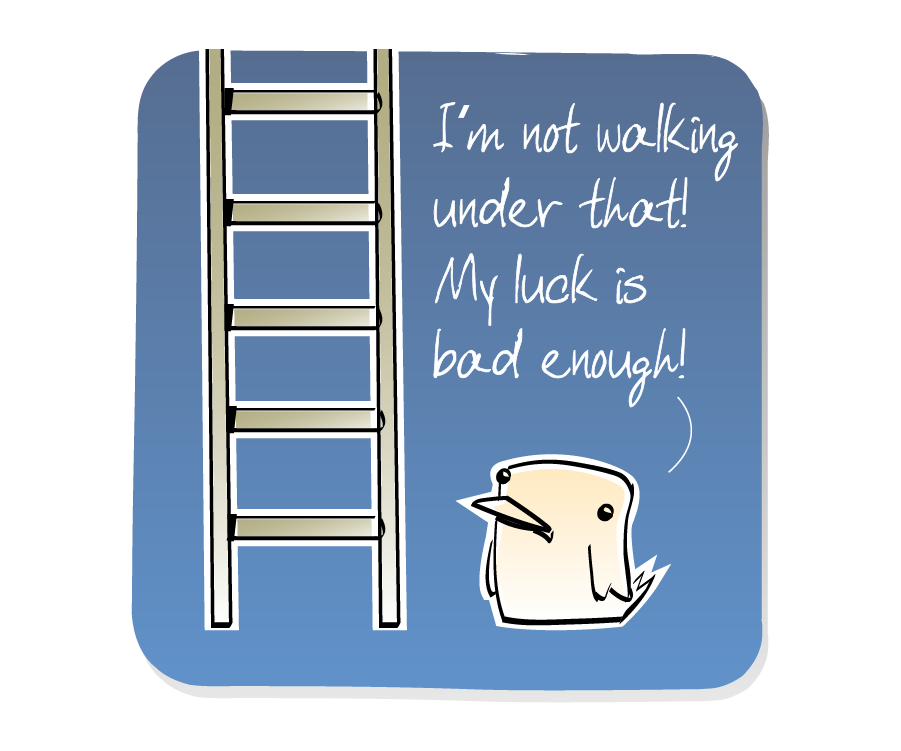 Panel 1: Bird stands next to a tall standing ladder. Bird says: "I'm not walking under that! My luck is bad enough!"