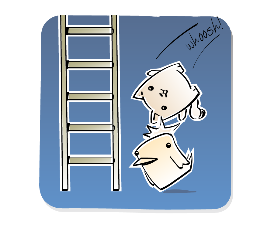 Panel 2: Cat falls from above and hits Bird directly on top of the head, knocking him towards the standing ladder. Sound effects: whoosh!.