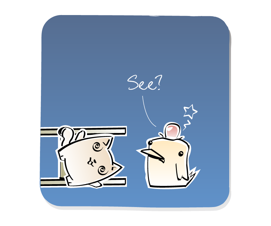Panel 3: Bird has a large swollen bump on its head while Cat lies dizzy on the ground under the fallen ladder. Bird says: "See?"