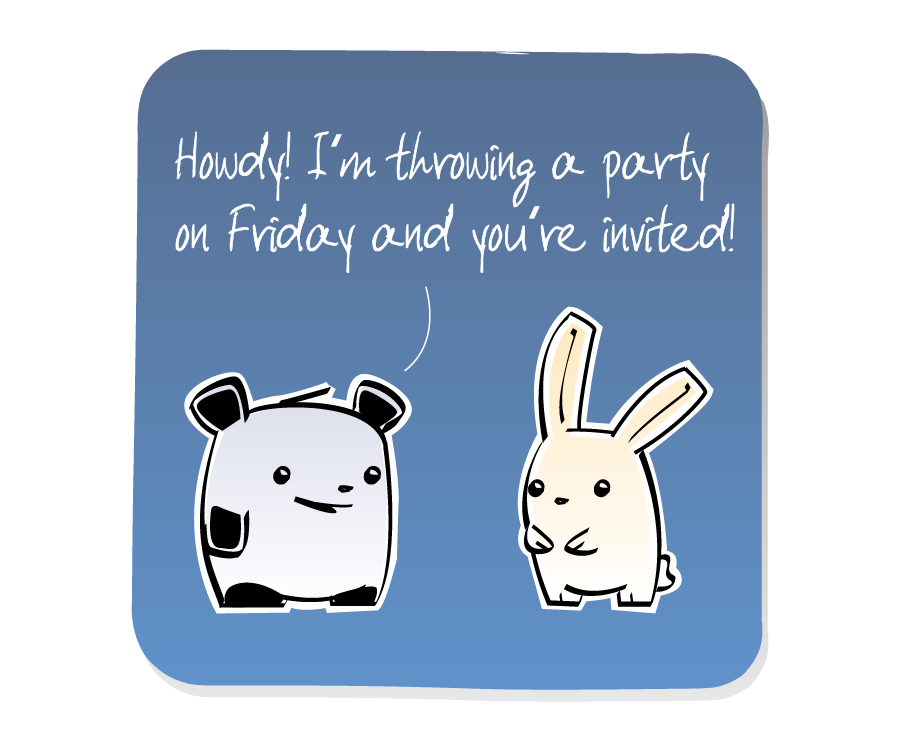 Panel 1: Panda speaks happily with Bunny. Panda says: "Howdy! I'm throwing a party on Friday and you're invited!"