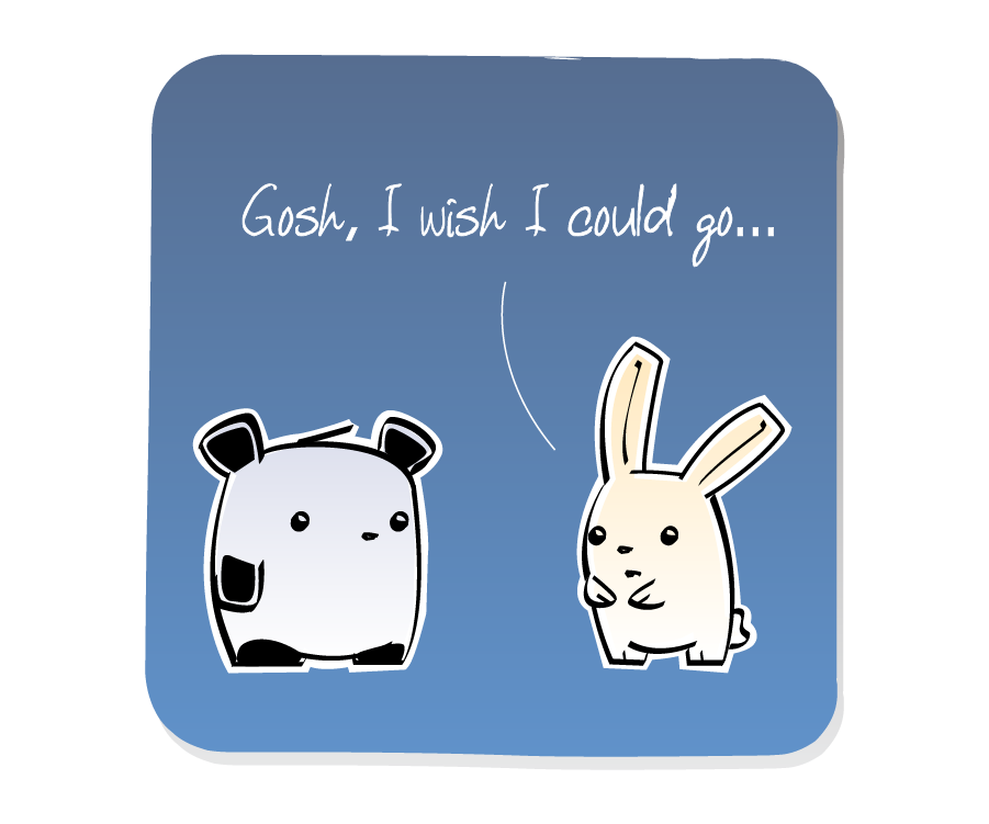 Panel 2: Bunny responds to Panda. Bunny says: "Gosh, I wish I could go..."