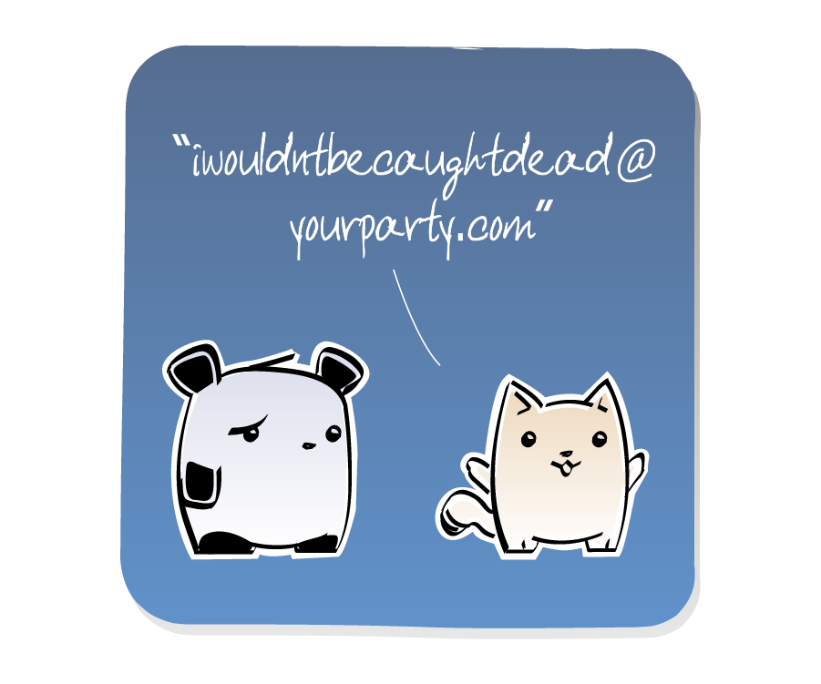Panel 3: Panda looks sad as Cat turns to walk away. Cat says: ""iwouldntbecaughtdead@yourparty.com""
