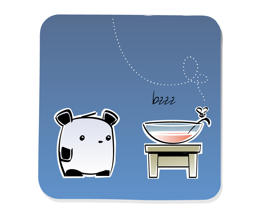 Panel 1: A Gnat lands on a punch bowl spoon sitting on a small table in front of Panda. Sound effects: bzzz.