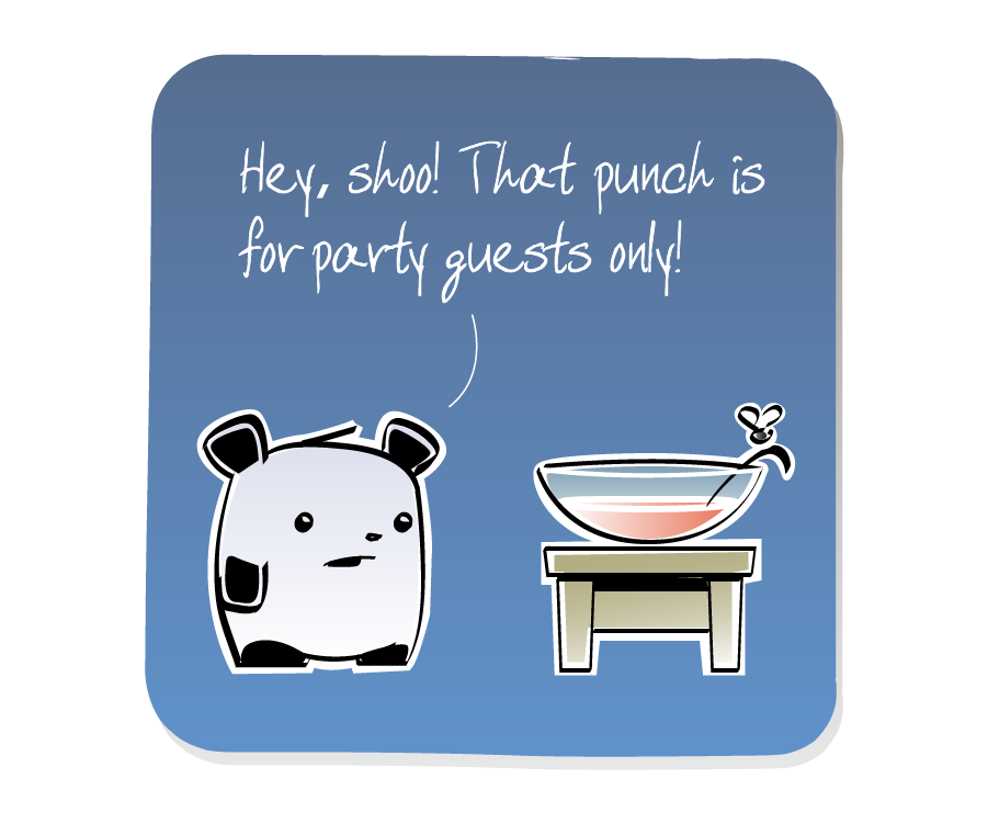 Panel 2: Panda speak to the Gnat, who perches on a punch bowl spoon sitting on a small table. Panda says: "Hey, shoo! That punch is for party guests only!"