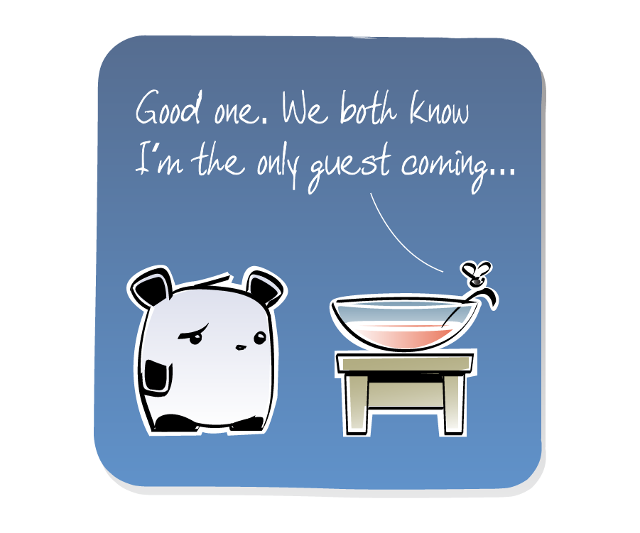 Panel 3: Panda looks sad as he listens to the Gnat, who perches on a punch bowl spoon sitting on a small table. Gnat says: "Good one. We both know I'm the only guest coming..."