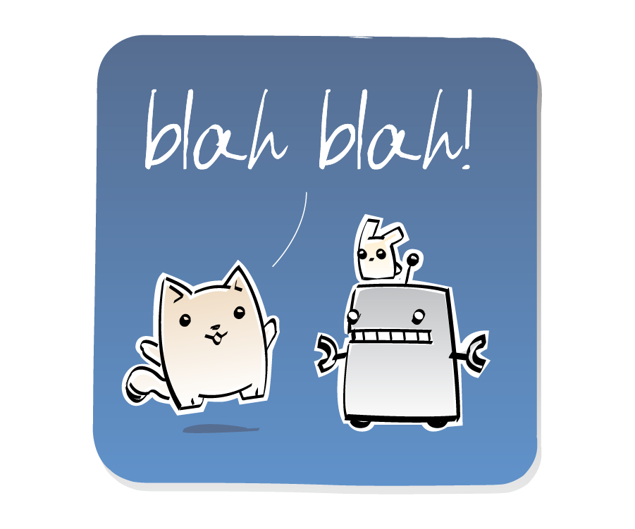 Panel 1: Cat jumps cheerfully in the air beside Robot, who has an Eep sitting on its head. Cat says: "blah blah!"