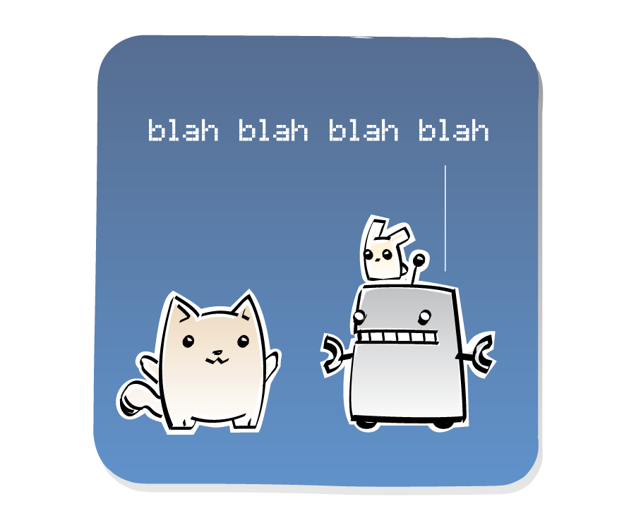 Panel 2: Cat listens to Robot, who has an Eep sitting on its head. Robot says: "blah blah blah blah"