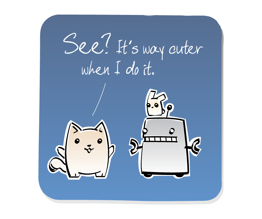 Panel 3: Cat responds to Robot, who has an Eep sitting on its head. Cat says: "See? It's way cuter when I do it."