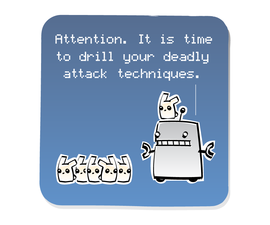 Panel 1: A Robot with an Eep perched on its head stands before a line of four Eeps. Robot says: "Attention. It is time to drill your deadly attack techniques."