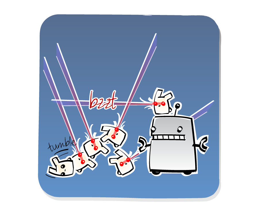 Panel 2: Robot, with an Eep on his head, watches as three Eeps fire red laser beams from their eyes and one Eep stumbles and tumbles over. Sound effects: bzzt, tumble.