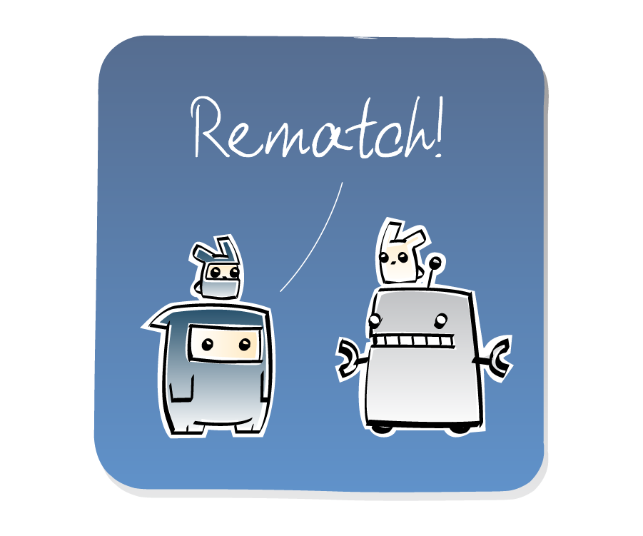 Panel 1: Ninja, with a ninja Eep sitting on his head, confronts Robot, who has an Eep sitting on his head. Ninja says: "Rematch!"