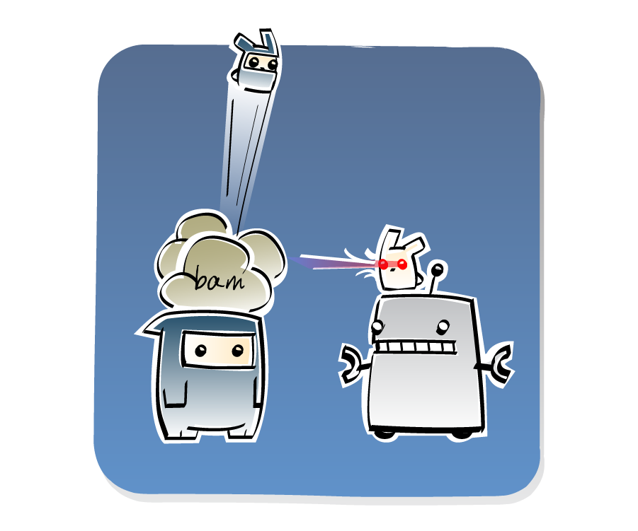 Panel 2: The Eep on Robot's head shoots laser beams from its eyes at the ninja Eep on Ninja's head, who launches straight upward out of a puff of smoke. Sound effects: bam.